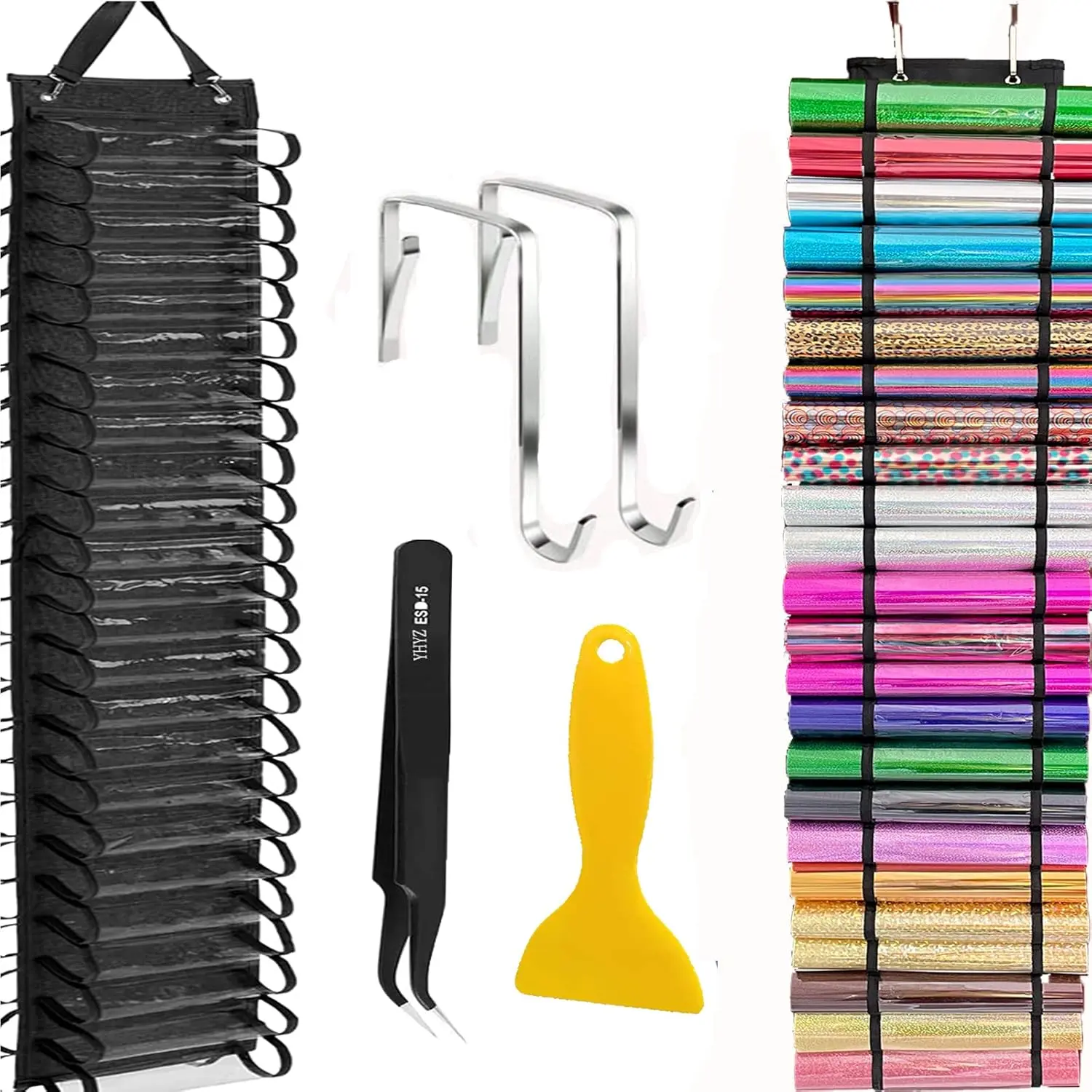 48 Rolls Durable Synthetic PVC Vinyl Roll Storage Rack with 48 Compartments - Wall/Door Mount Holder Organizer with Strap for Craft Room Home Organization (Black, Lengthened)