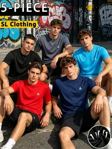 5-Pack Quick-Dry Short Sleeve T-Shirts, Breathable Round Neck Tops, Ideal for Running, Basketball, Football, Cycling, All Seasons, Fitness T Shirt, Athletic Sports Clothing