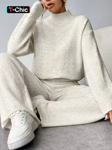 Women's Knit Set Outfit Two-Piece Pants & Sweater Round Neck Straight Leg Casual Fitted Daily Wear Winter