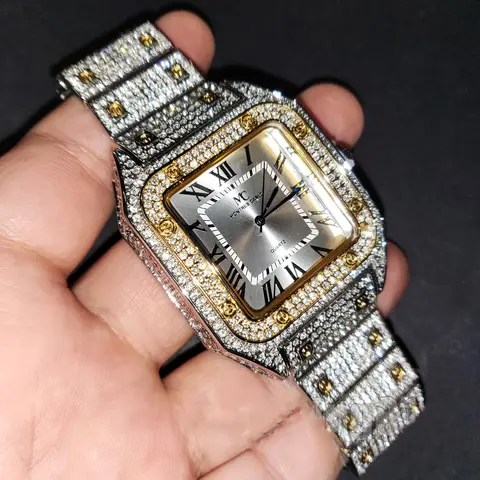 MaxBling81 Men's 2-Tone Square-Faced Premium Stainless Steel Quartz Analog Dress Watch - Iced Out Style, Battery-Powered, Luxury Cubic Zirconia Accent, Waterproof All-Metal Accessory, Removable Links, Formal Wear