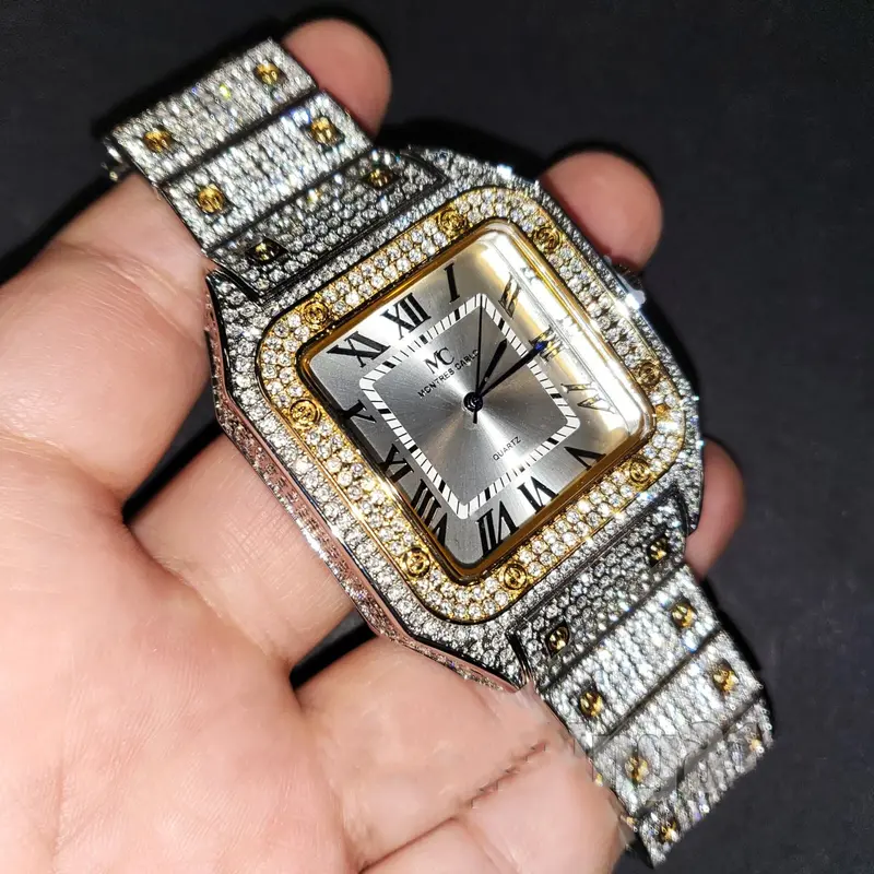 MaxBling81 Men's 2-Tone Square-Faced Premium Stainless Steel Quartz Analog Dress Watch - Iced Out Style, Battery-Powered, Luxury Cubic Zirconia Accent, Waterproof All-Metal Accessory, Removable Links, Formal Wear