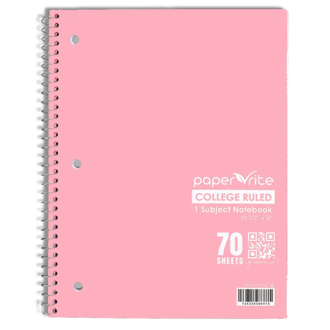 Paper Rite 1 Subject College Ruled Notebooks | Pastel Red | 10.5 x 8.18 Inch | 70 Sheets | Durable Soft Covers for School and Office Use