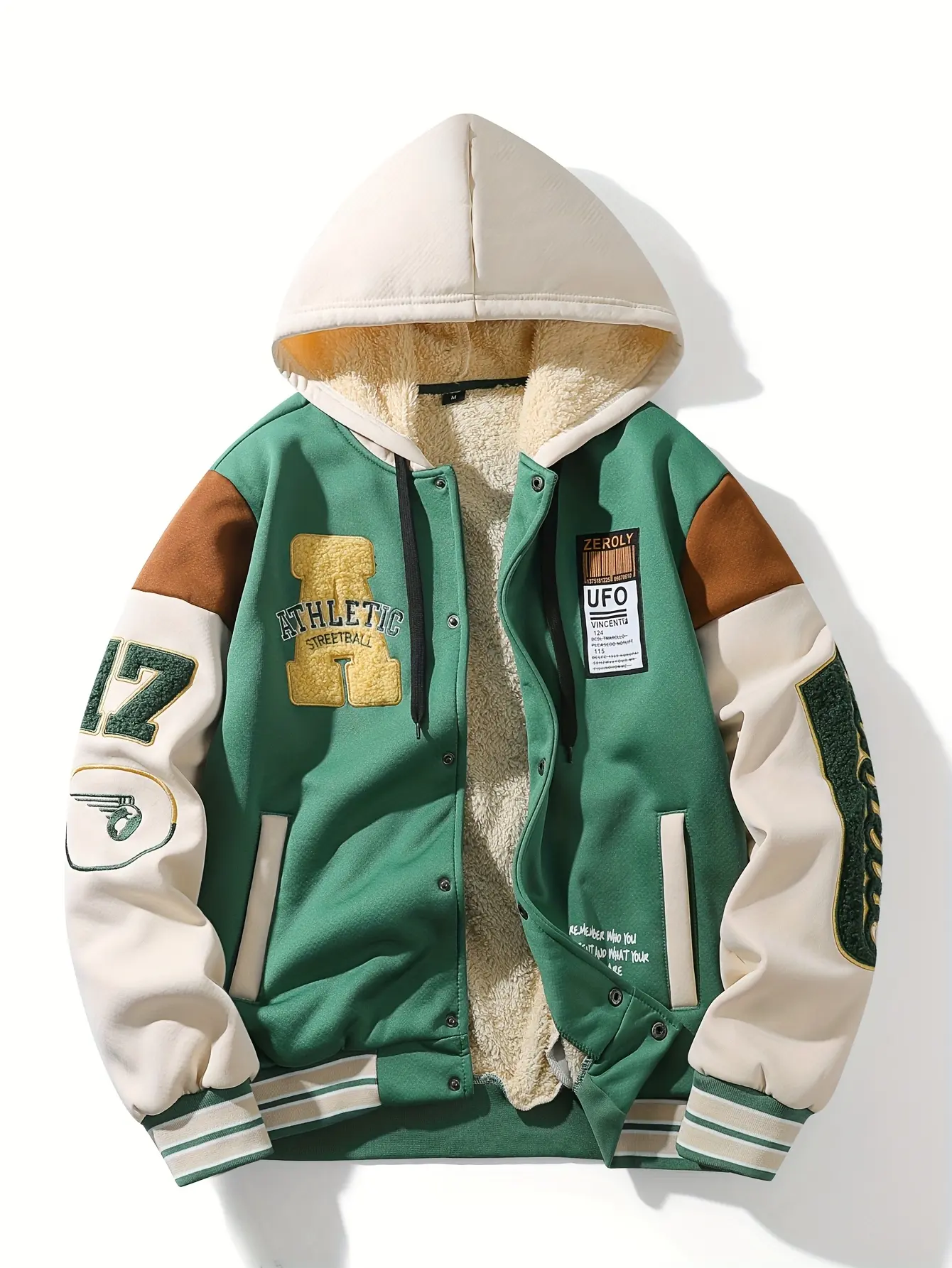 Men’s Fall/Winter New Letter Embroidery Color-Block Outdoor Sports Fashion Hooded Baseball Jacket