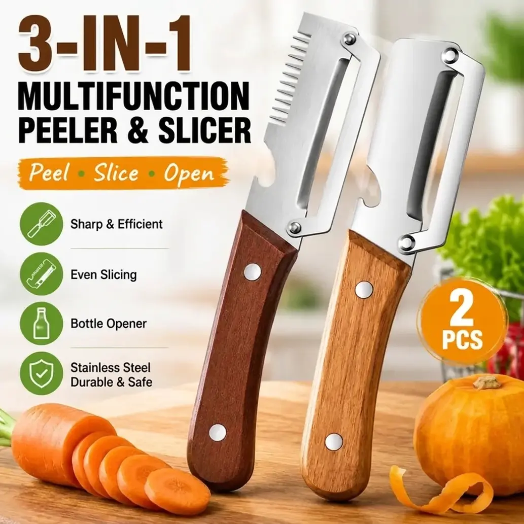 2 PCS Wood Handle Multifunction Kitchen Peeler – Peel, Slice, Scrape & Bottle Opener Tool
