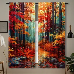 2-Piece, 2D flat, vibrant autumn forest print curtains - with serene lake and foliage design, pole pocket design, perfect for bedroom, office, kitchen, living room and study home decoration, perfect for Christmas decoration