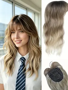 Women’s Ombre Ash Blonde Wavy Hair Topper with Bangs | Loose Wavy Wave Clip-In Synthetic Hairpiece | Premium Kanekalon Fibers | Fix Thinning Hair, Add Natural Volume & Style