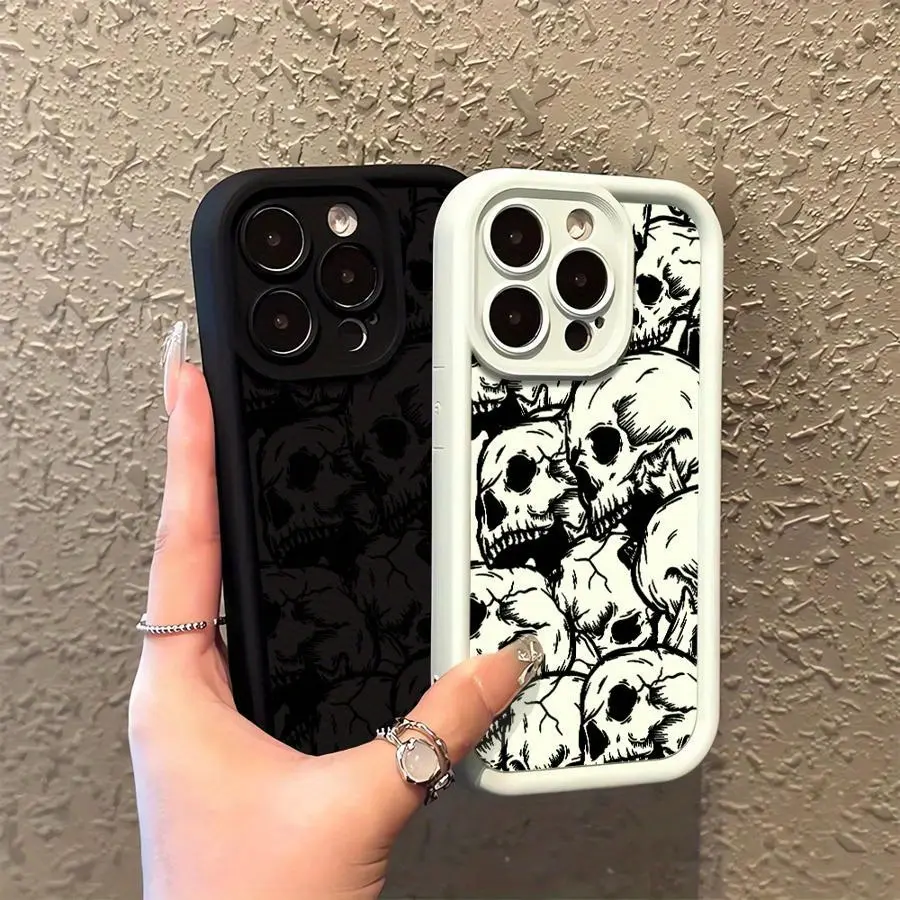 Vintage Skull Head Pattern Protective Silicone Phone Case & Screen Protector Accessories for iPhone 16/16 Pro, 15 Pro Max, 14 Plus, 13 Pro/13, 12 Pro/12, 11 Pro/11 - High-Quality, Soft, Shockproof Cover