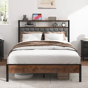 Full Size Bed Frame with Storage Headboard, Wooden Platform Bed Frame, Bedside with Soft Package and 2 USBs, No Noise, No Need for Spring Mattress and Simple Assembly Tools, Large Bed Bottom Storage Space, Brown
