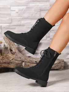 Korean Style Women's Mid-Calf Boots, British Fashion Thick Sole Heel, Side Zipper Design, Lace-Up, Casual PU Leather Shoes for Spring & Fall, Thick Heeled Boots