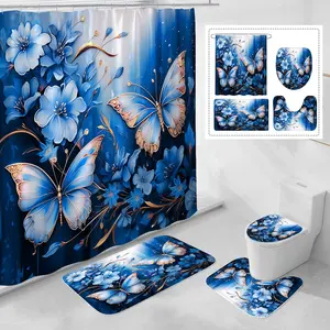 4 count Navy Blue Floral Butterfly Shower Curtain Set with Non-Slip Rugs, Modern Toilet Lid Cover and Bath Mat, Elegant Bathroom Decor Set with Shower Curtain and Rugs(Hooks Not Included)