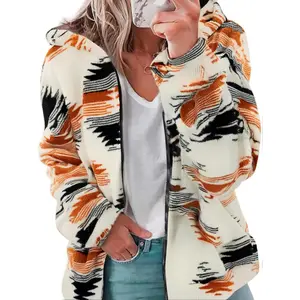 Womens Western Aztec Print Zip up Hoodies Sweatshirt Sherpa Fleece Jacket Coat with Pockets Casual Warm Outwear