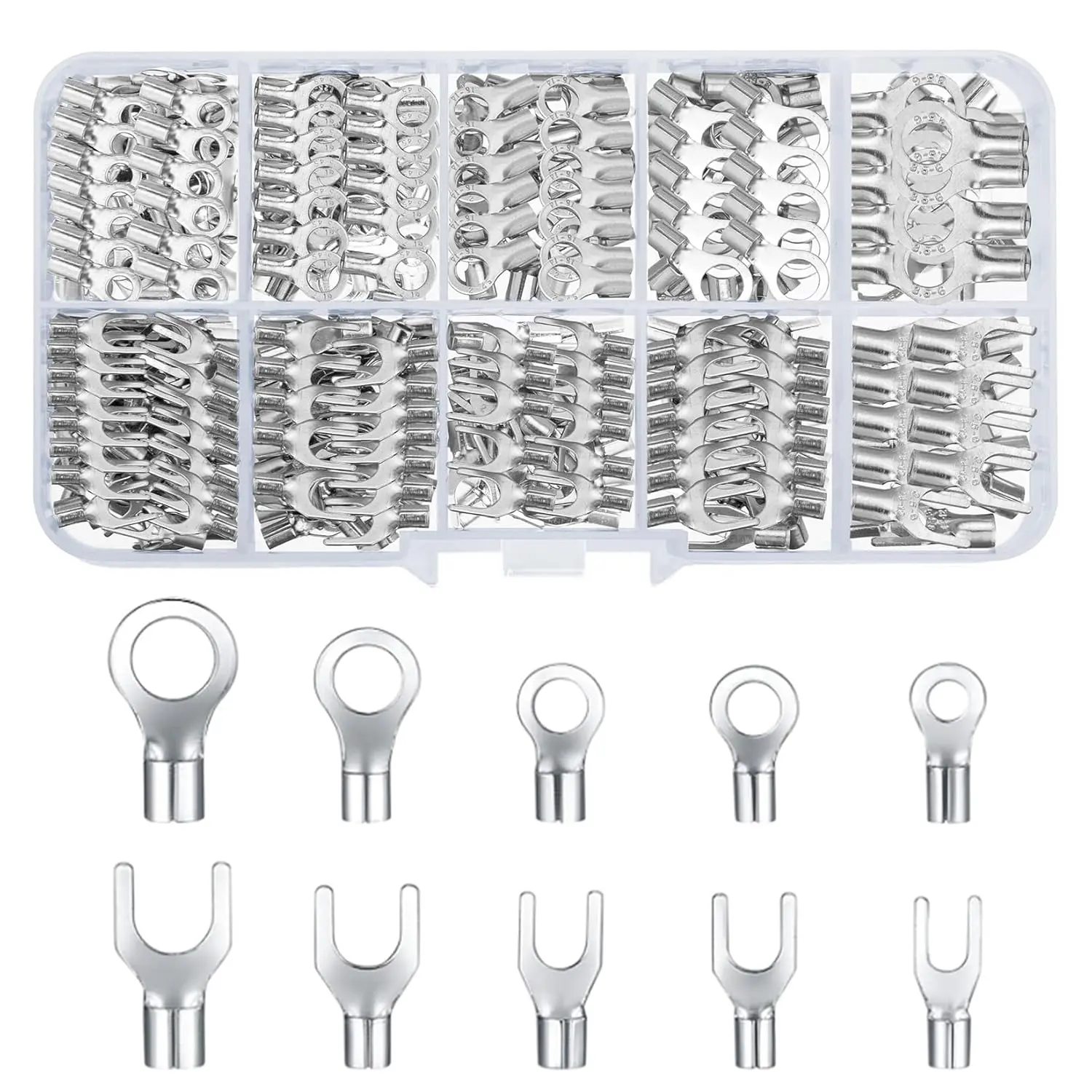 320 Pieces Non-Insulated Ring Terminals & Fork Connector Kit, Copper Ring Fork U-Type Female Terminals, Wire Lugs Battery Cable Electric Wire Crimp Connectors Terminal