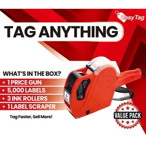 Easy Tag Price Gun, 8 Digits 5500EOS Pricing Gun with 5,000 White Label Stickers, 3 Ink Rollers, 1 Scraper, Price Guns for Retail, Yard Sale (Red)