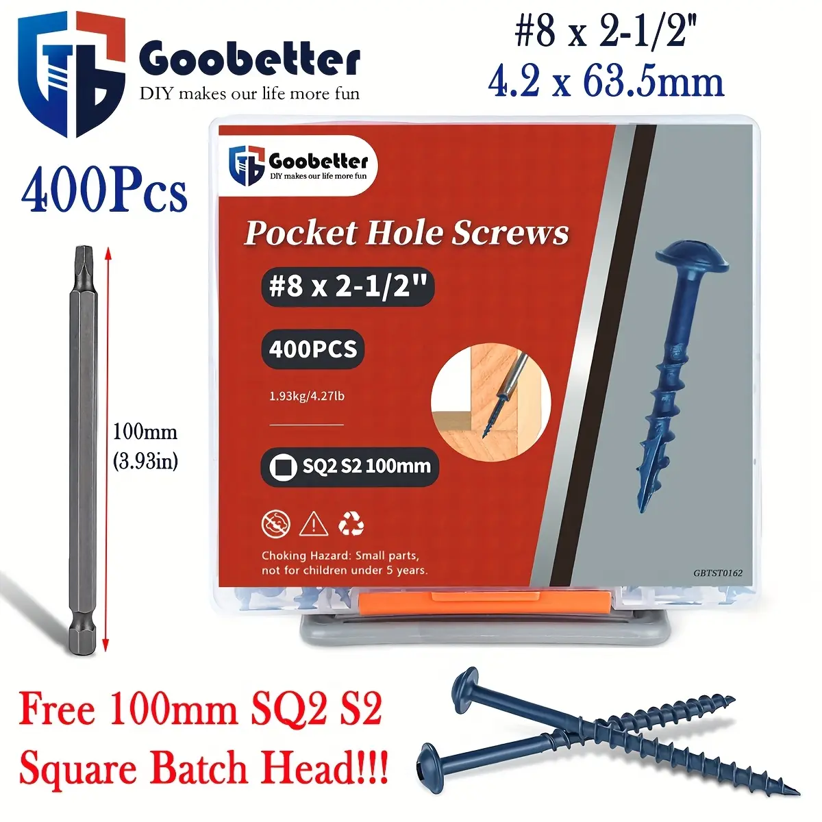400pcs #8 X 2-1/2" Pocket Hole Screws Assortment Kit, Blue Wood Screws, Carbon Steel Surface Galvanized, Thread Washer Head, Square Drive Self-Tapping, Indoor Use, Including 1pc S2 100mm Drive Drill Bit