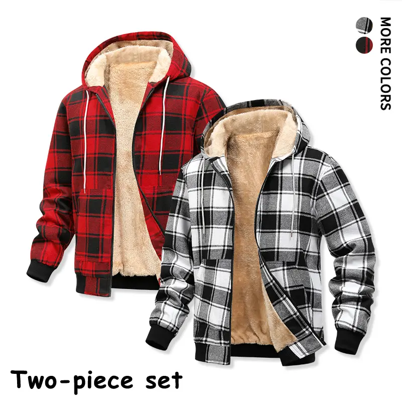 Men's 2-Pack Full-Zip Checked Hoodie Jackets, Casual Menswear, Loose-Fit Warm Lined Outerwear for Outdoor Hiking, Lounging #SohoChic