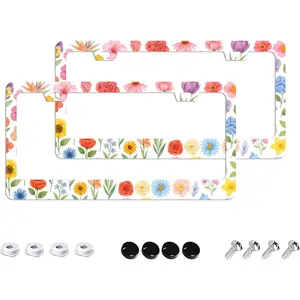 Colorful Flowers License Plate Frames - 2 Pack 2 Holes Stainless Steel Metal Auto Car Accessories Decoration License Plate Frame Cover 12.2" x 6.3" for Women Men