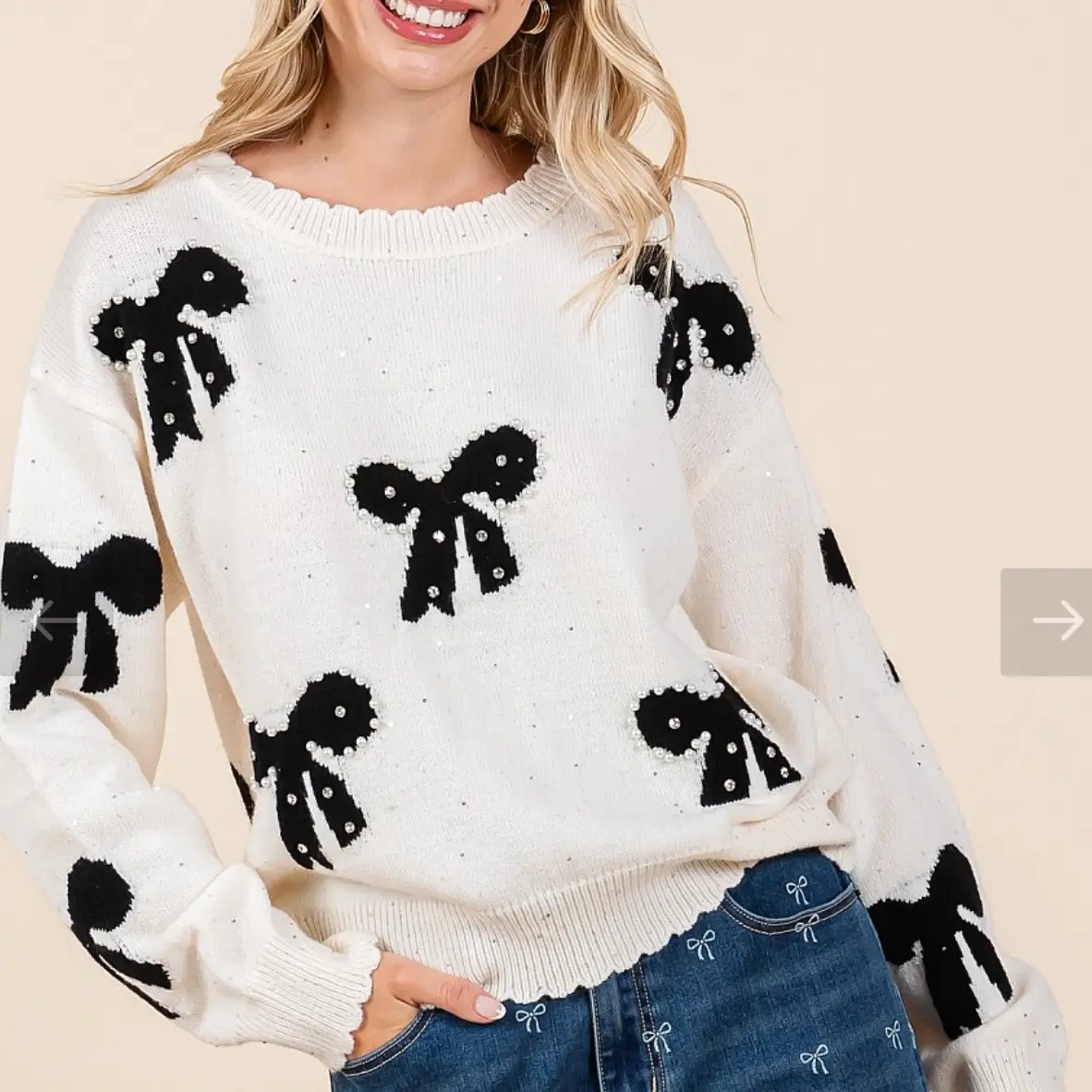 GeeGee Cream Bow Sweater with pearls & bling
