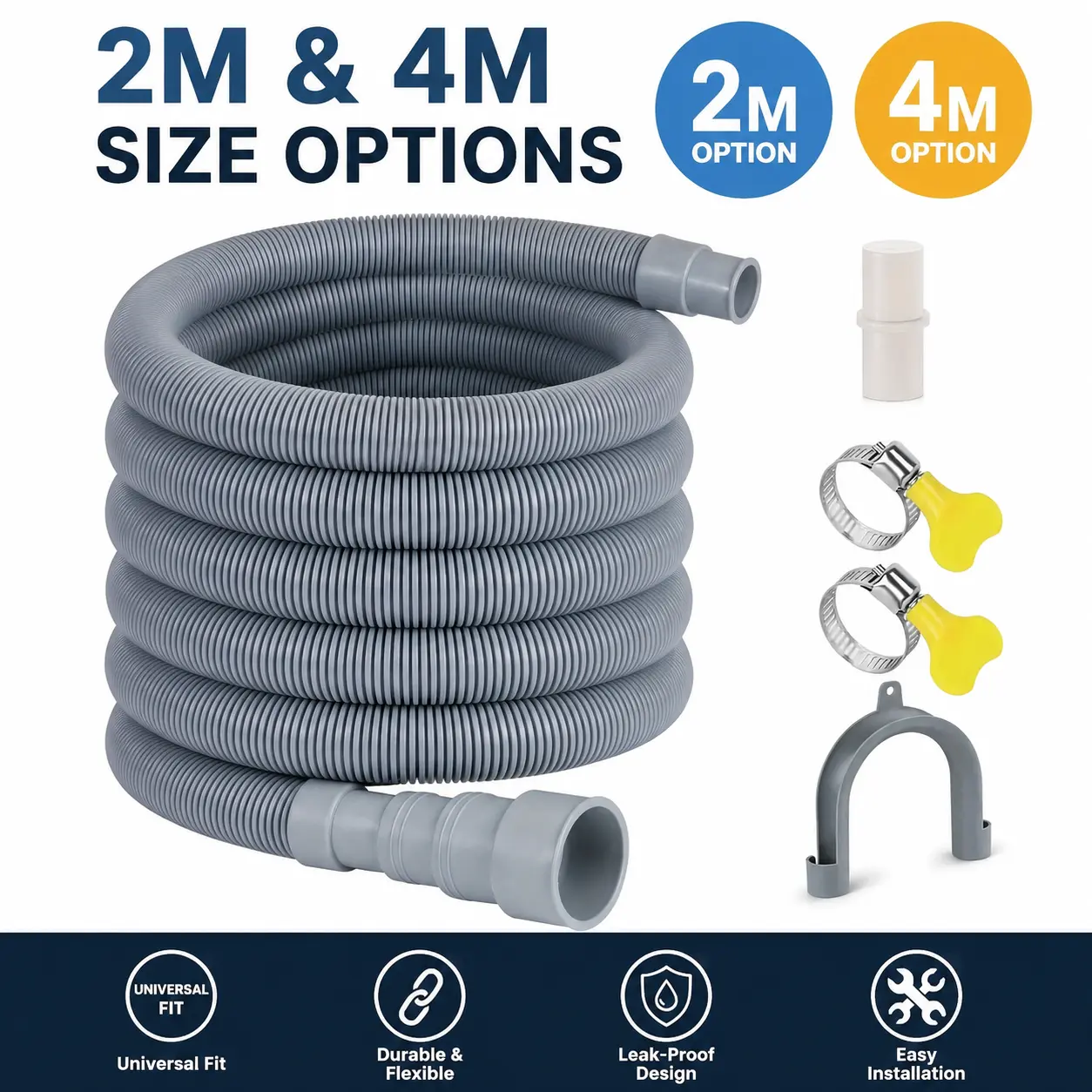 Universal Washing Machine Drain Hose, Flexible Corrugated Drain Pipe with Clamps, Replacement Washer Discharge Hose for Laundry Room, 2M/4M