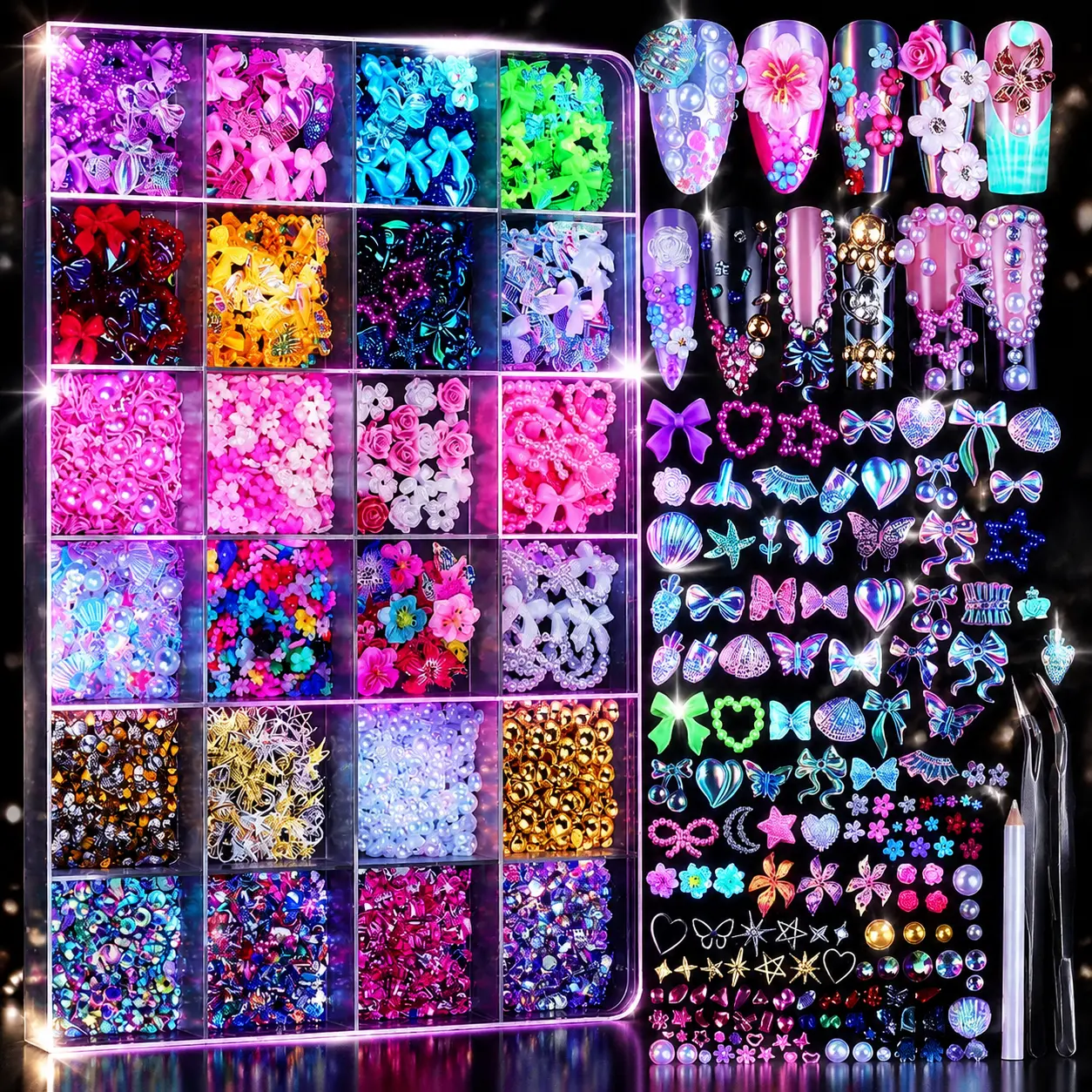 24 Grid Nail Charms, Nail Art Kit with Multi Shapes Nail Charms and Gems, Flatback AB Nail Rhinestones Gold Nail Pearls, Charms Y2K for Nails, 3D Hawaii Flowers Nail Jewels for Nail Design
