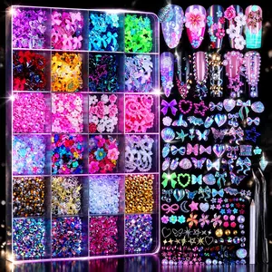 24 Grid Nail Charms, Nail Art Kit with Multi Shapes Nail Charms and Gems, Flatback AB Nail Rhinestones Gold Nail Pearls, Charms Y2K for Nails, 3D Hawaii Flowers Nail Jewels for Nail Design