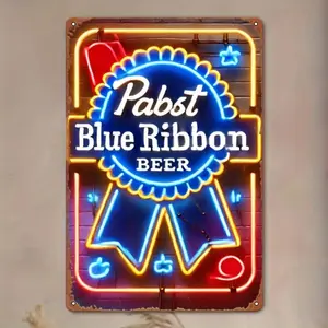 Vintage Pabst Blue Ribbon Beer 2D Neon Print Effect Sign, Retro Metal Wall Decor, Perfect for Man Caves, Garages & Nostalgia Filled Decor, Vintage Garage Signs