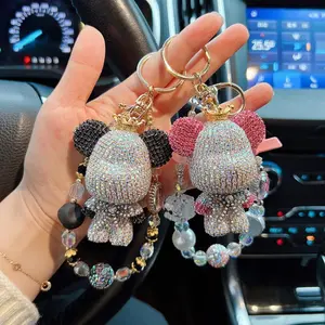 2025 New Creative Full  Panda Color Matching Big Head Bear Keychain Personalized Bead Chain Bag Hanging Decoration Car Pendant For Women
