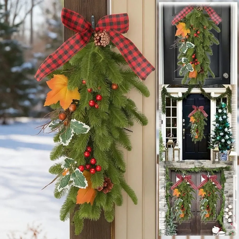 2025 Upgraded 26inch Prelit Christmas Teardrop Swag Norfolk Pine Swags Christmas Wreaths with Lights Greenery Stairway Swags Staircase Decorations for Door Indoor Outdoor Home Hanging Decor