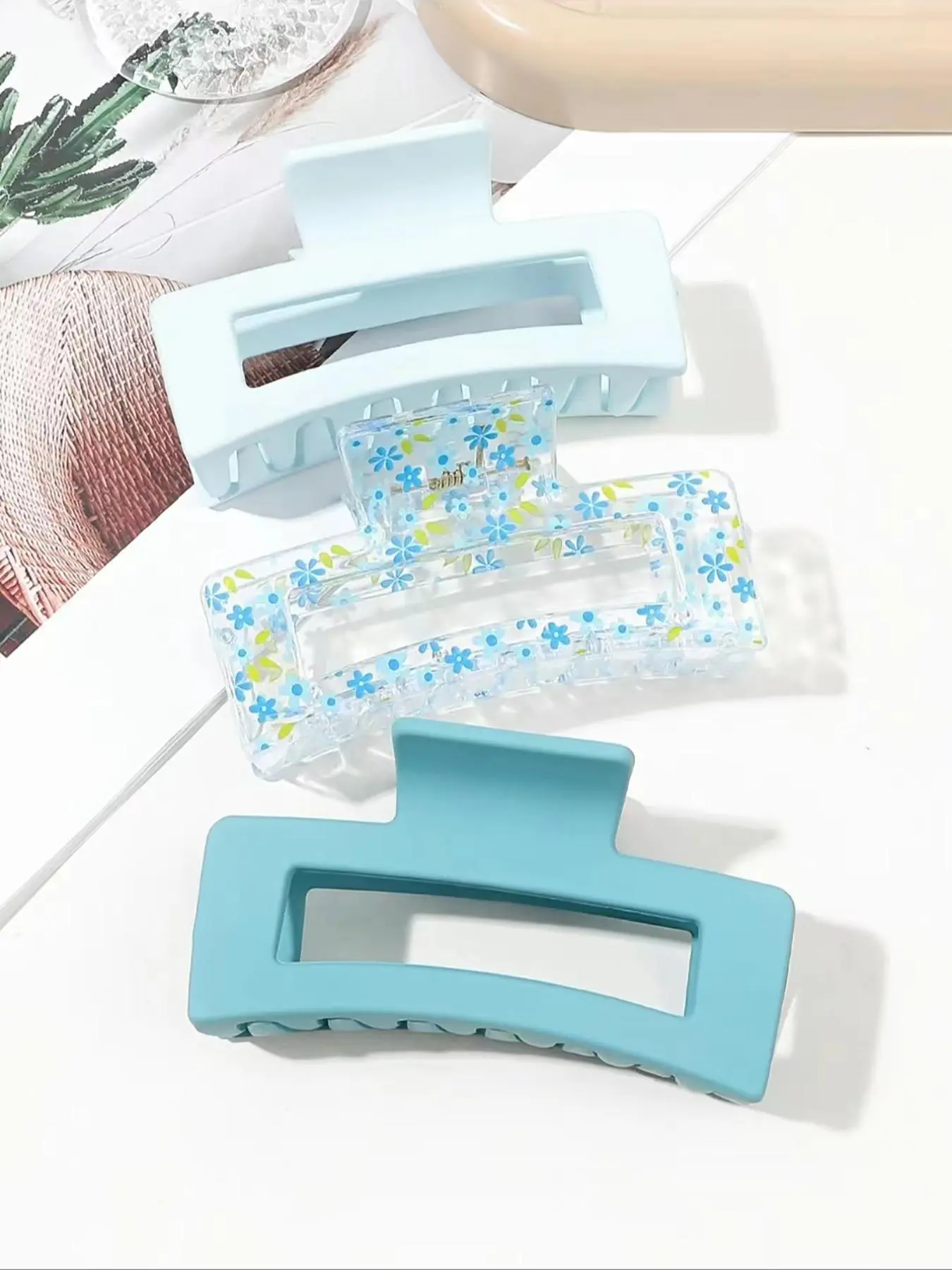 3pcs Summer Square Hair Claw Clip Set In Light Blue, Including Solid Color, Floral And Transparent Gradient Patterns, Suitable For Tea Party And Cool Girls Hairstyles, Hair Claw Clips, Flower Hair Clips, Hair Claws Set