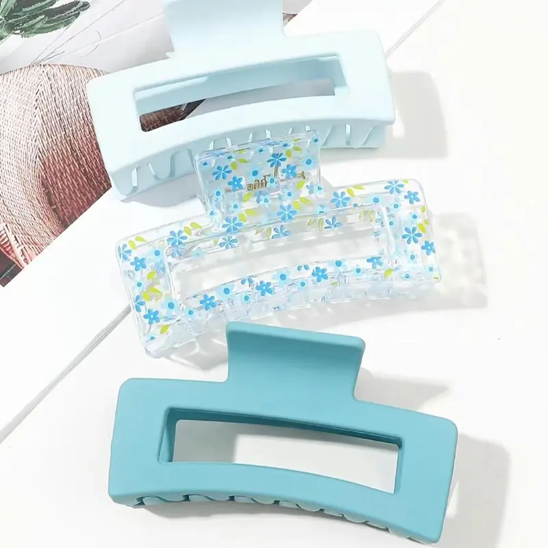 3pcs Summer Square Hair Claw Clip Set In Light Blue, Including Solid Color, Floral And Transparent Gradient Patterns, Suitable For Tea Party And Cool Girls Hairstyles, Hair Claw Clips, Flower Hair Clips, Hair Claws Set