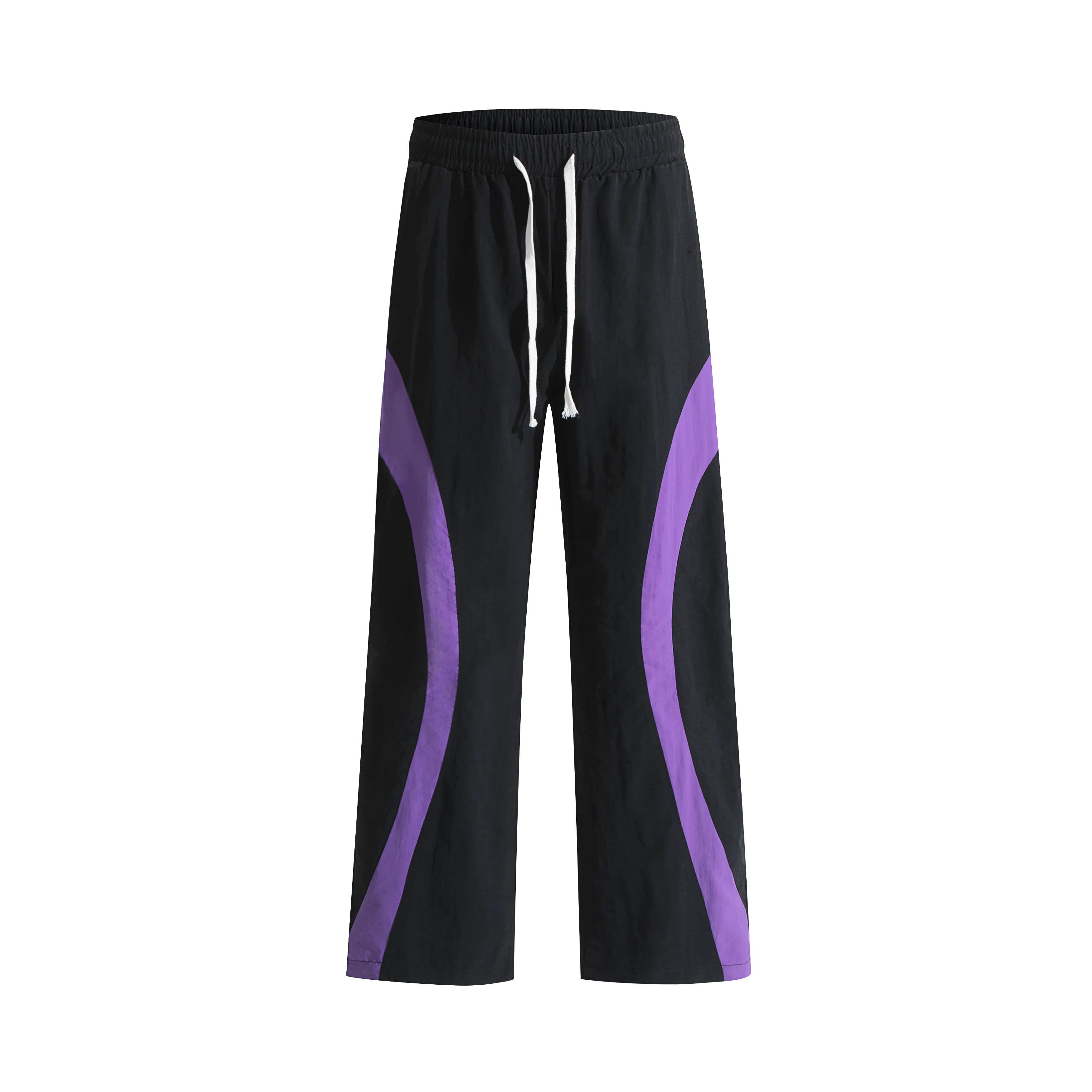 Single piece American color-block curved patchwork quick-dry wide-leg casual pants for men and women; black-and-purple patchwork, drapey straight-leg street sports long pants; sold individually.