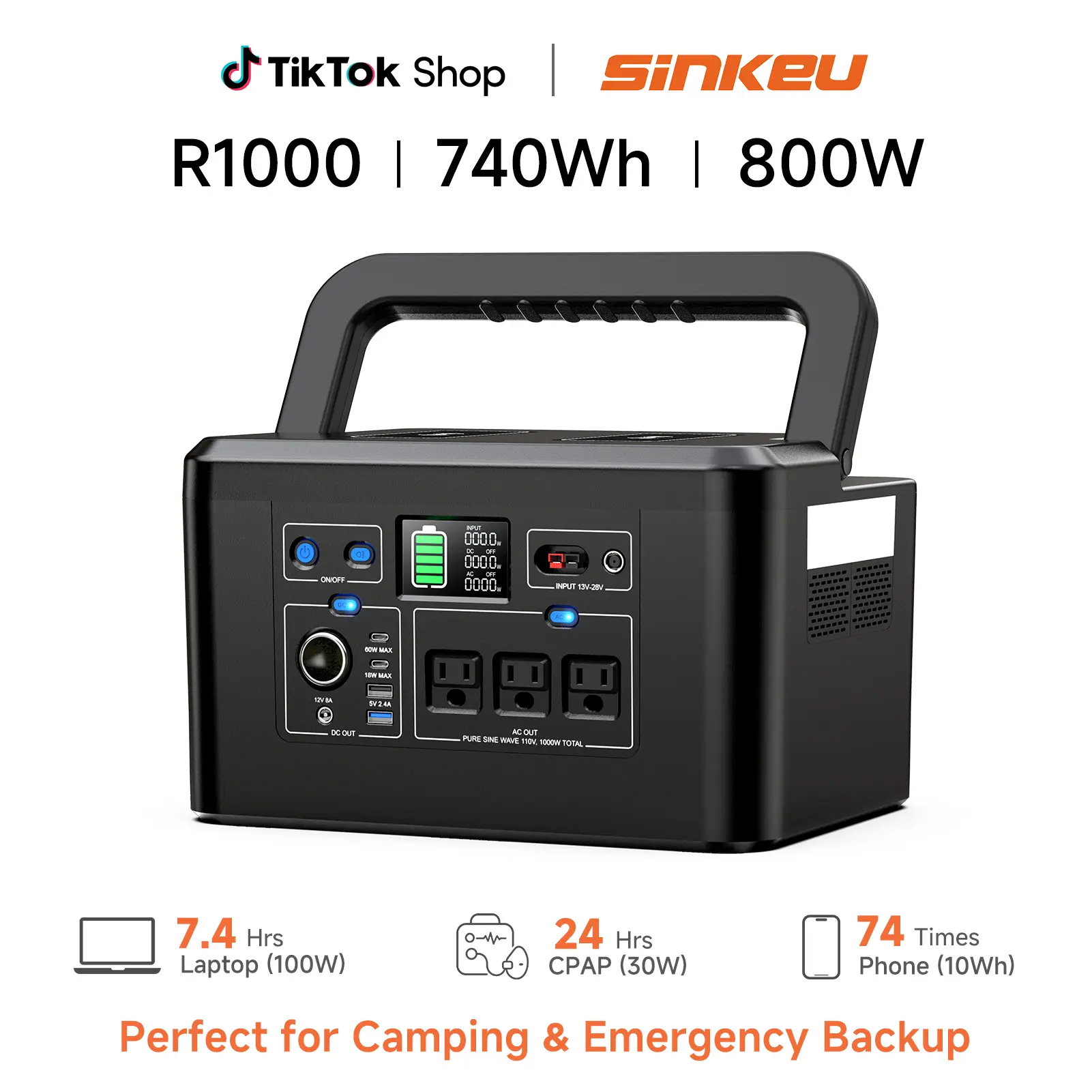 【sinkeu】Lithium High-Capacity Solar-Powered Portable Power Bank - 800W 740Wh Reusable Rechargeable Battery Station, 110V AC Pure Sine Wave, 2 USB Ports, LED Lights, Outdoor Emergency Backup for Camping, On the Road, Everyday Carry Pack My Bag Essential