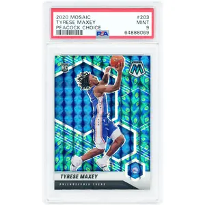 Tyrese Maxey Philadelphia 76ers 2020-21 Panini Mosaic Peacock Choice Prizm #203 PSA Authenticated 9 Rookie Card