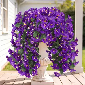 Artificial Fake Hanging Flowers Plants for Outdoor Outside Spring Summer Decoration 2PCS Faux Silk UV Resistant Realistic Morning Glory Trailing Vines for Home Porch Patio Balcony(Purple)