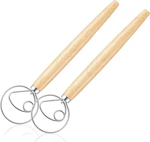 Pack of 2 Danish Dough Whisk Blender Dutch Bread Whisk Hook Wooden Hand Mixer Sourdough Baking Tools for Cake Bread Pizza Pastry Biscuits Tool .