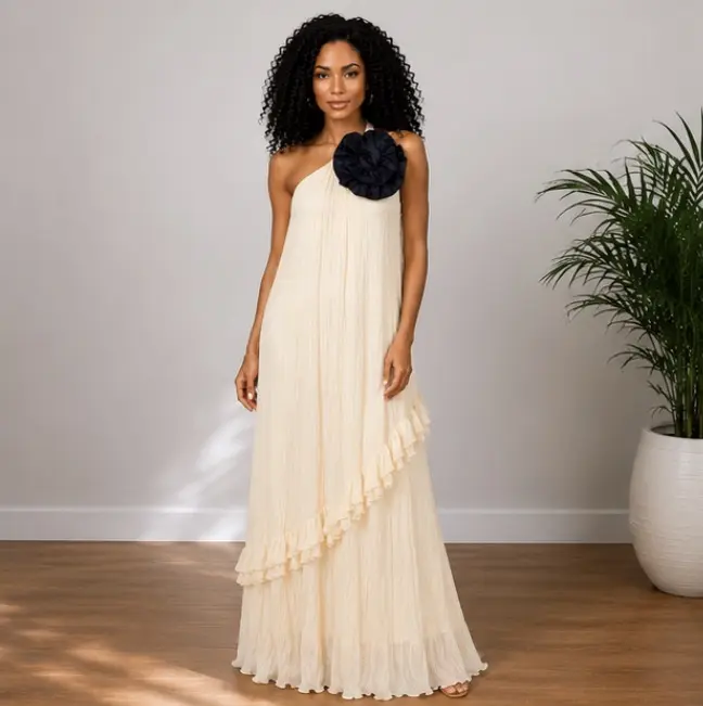 SELIA Women’s 1-Shoulder Sleeveless Ruffle Maxi Dress - Summer Formal Wear, Lightweight Feminine Evening Party Dress Statement