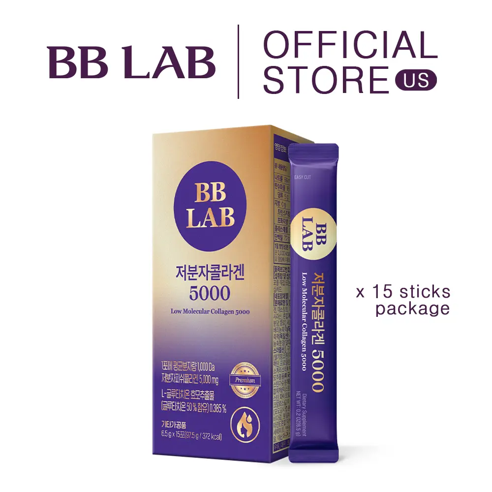 [BB LAB] Low Molecular Collagen 5000, Powder Type Korean Marine Collagen, Fish Collagen Peptides, Hyaluronic Acid, Elastin, Glutachione, Vitamin C, Fast Absorb, Mix Berry Flavor (6.5g x 15 sticks)