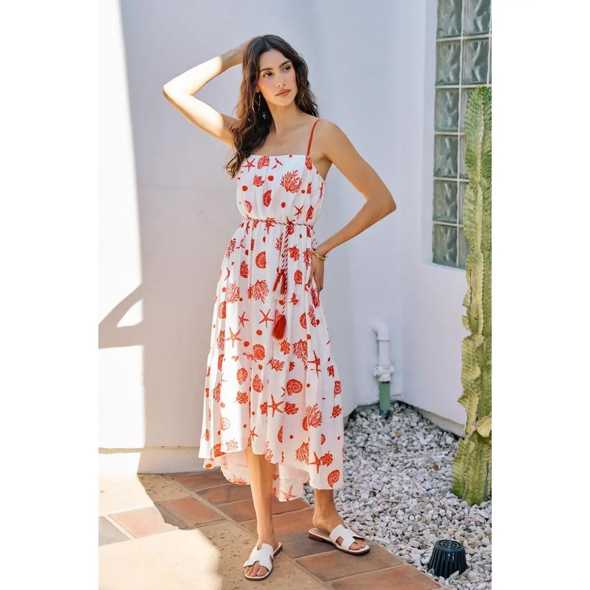 SO ME Shell Print Tiered Lined Midi Cami Dress With Belt