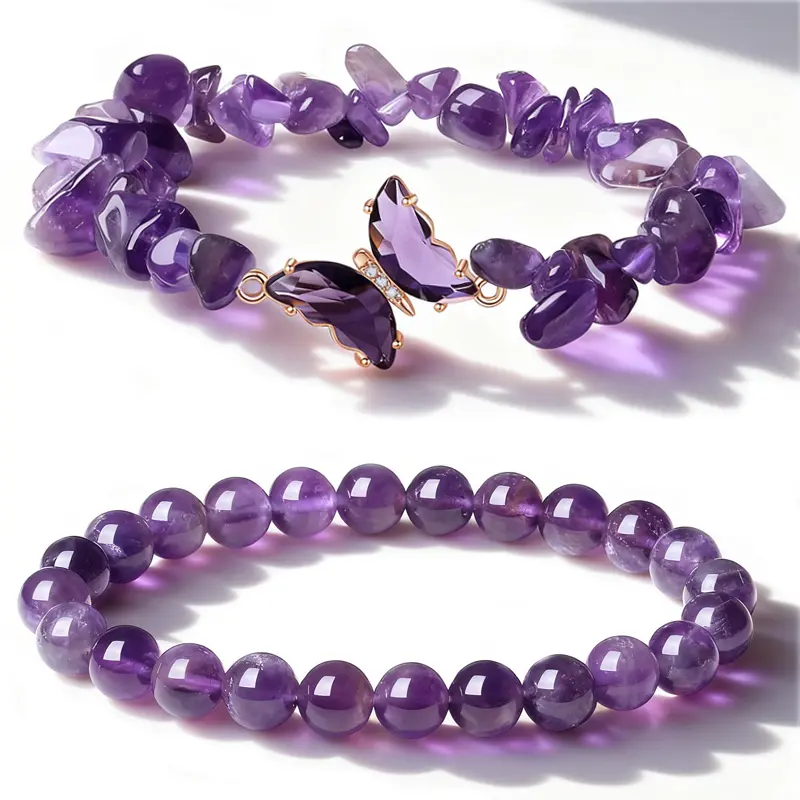 2pcs Amethyst Bracelet For Women Anxiety Relief Amethyst Beaded Bracelets Butterfly Charms Healing Stone Layered Bracelet Christmas Gifts For Women backtoschool