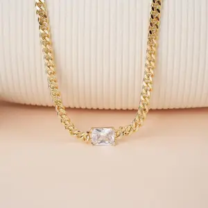Astoro 14K Gold Plated Rectangle Cubic Zirconia Necklaces for Women, Hypoallergenic Tarnish-Free Cuban Chain Choker, Trendy Everyday Fashion Jewelry
