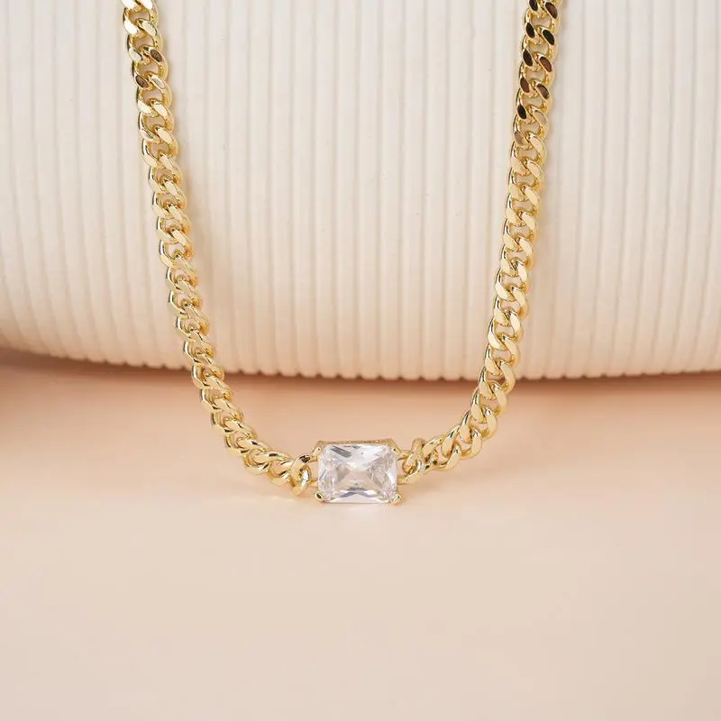 Women's 14K Gold Plated Rectangle Cubic Zirconia Cuban Chain Pendant Choker, Hypoallergenic Tarnish-Free Trendy Everyday Fashion Jewelry