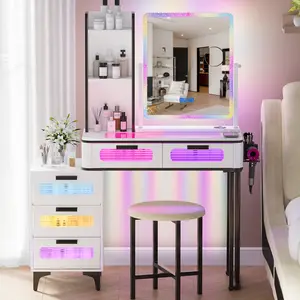 Lvifur RGB Makeup Vanity Table with Wireless Charging Station, LED Vanity Make up with Visible Desktop,7 Dynamic and 7 Static Dimmable Vanity Table Set with 5 Drawers, Girls' Dream Vanity Furniture Organization Storage Modern Minimal Interior