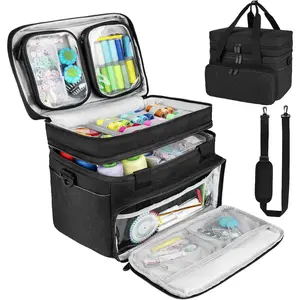 Sewing Accessories Organizer Case with Shoulder Strap, Double Layer Sewing Storage Bag with 2 Detachable Pouches for Sewing Accessories and Supplies, Large Travel Sewing Box for Sewing Kit Tools, Black