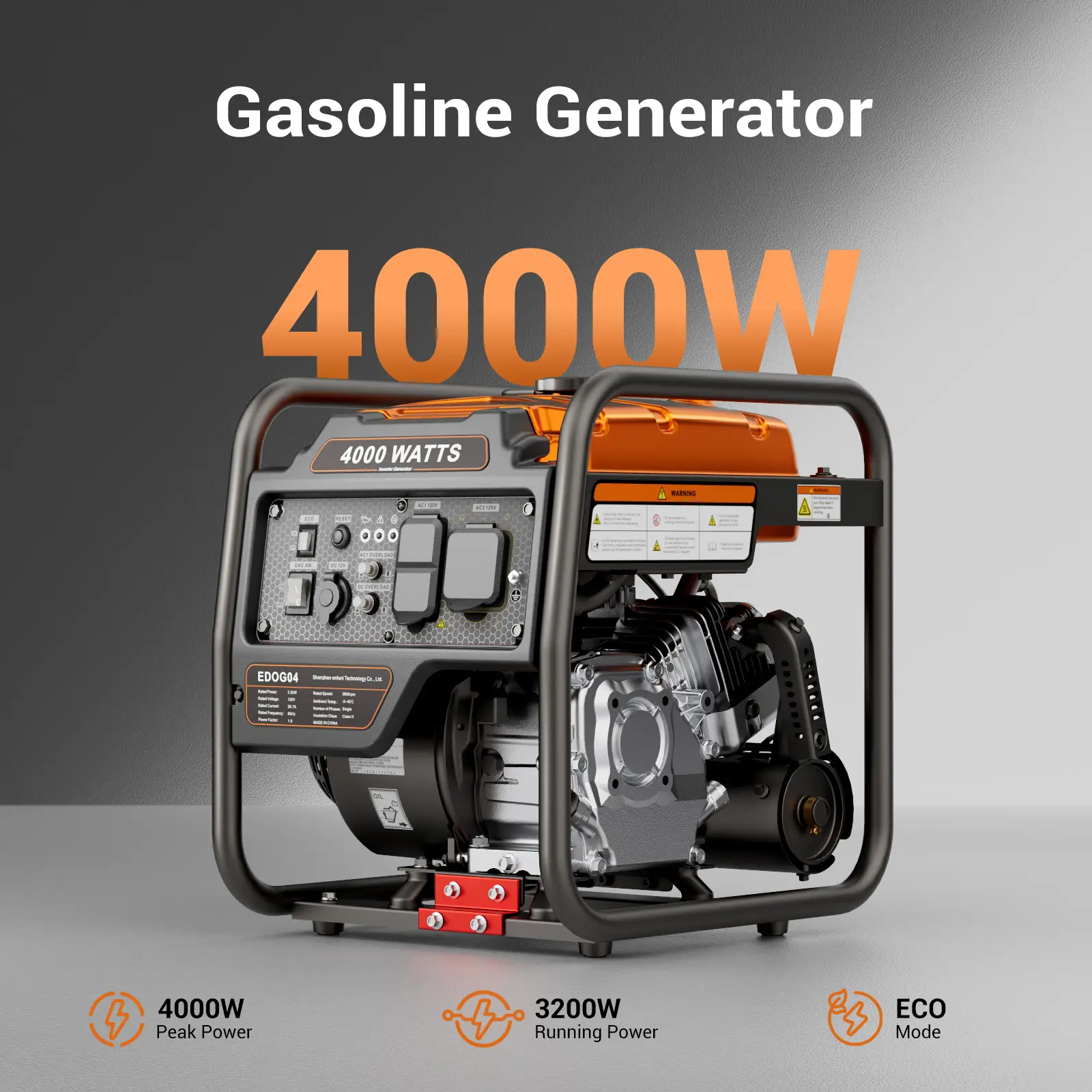 Efurden Outdoor Power Equipment 4000 Watts Portable Generator, Open Frame Inverter Generator with ECO Mode, Gas Powered, Quiet Operation, Emergency Ho