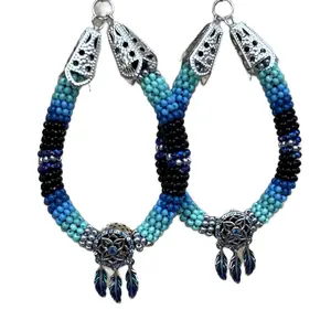 Beaded Dream Catcher Earrings with Gradient Blue and Black Beads and Intricate Silver Accents