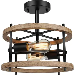 2-Light Retro Semi Flush Mount Ceiling Light Fixture, Rustic Vintage Wood Ceiling Light Black Metal, Industrial Farmhouse Ceiling Lamp for Hallway Entryway Bedroom Balcony Farmhouse Dining Room