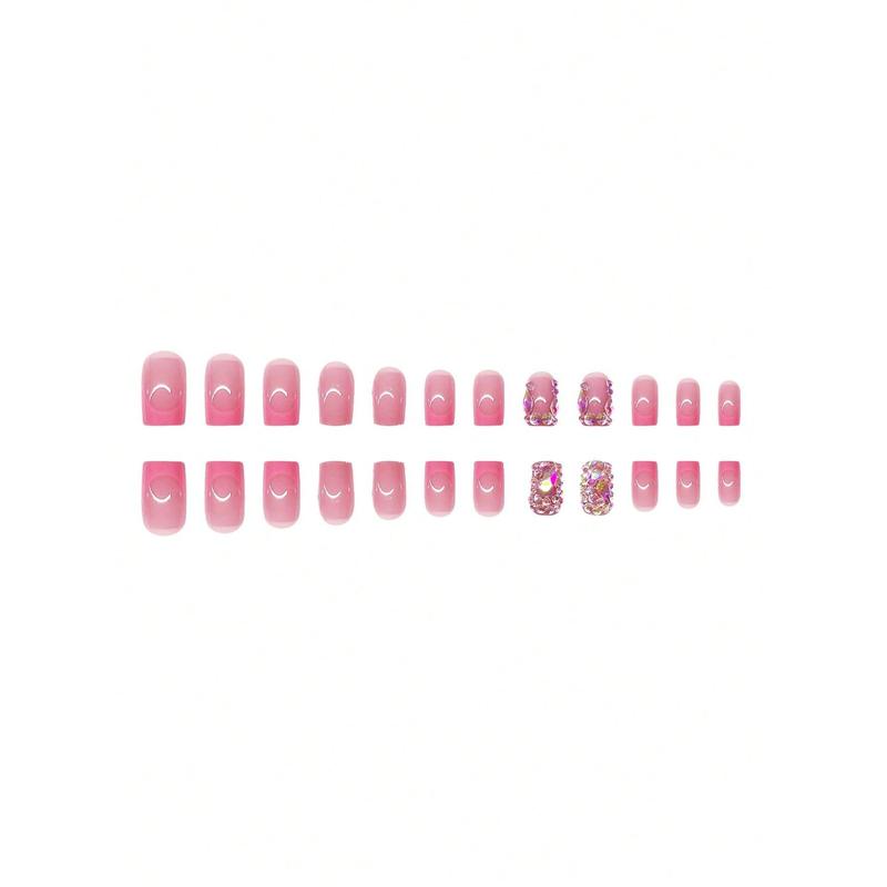 Upgrade Your Look - 48pcs Pink French Style Manicure Set With Rhinestones For Women And Girls Press On Nails Multicolor High Quality Glitter Diy False Toenails nail