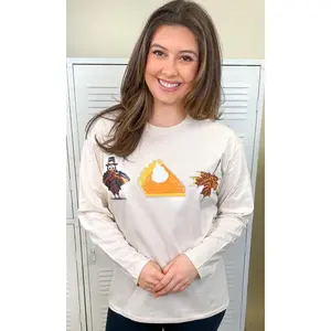 Tees2urdoor Women's Thanksgiving Glitter Sequin Crew Neck Long Sleeve Cotton Graphic T-Shirt - Polyester, Leaf Accents, Shacket-Inspired, Relaxed Fit, Casual Streetwear Top