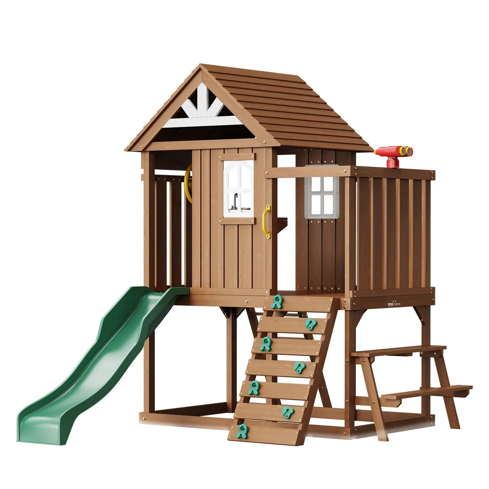 【SummerFinds】VEVOR Outdoor Wooden Playhouse,  , Modern Cedar Playhouse for Age 2-8 Years Kids, Garden Games Cottage, Country Style Cedar Playhouse with Slide, Ladder, Climbing Wall, Windows, Picnic Table and Bench