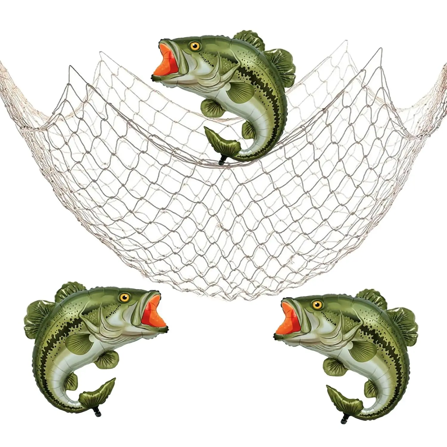 Fishing Birthday Party Decorations - 3 Pcs Large Realistic Sea Bass Balloons With Fish Net, O-Fish-Ally One Theme Party Supplies, Fisherman Birthday,Gone Fishing Theme Party Decor