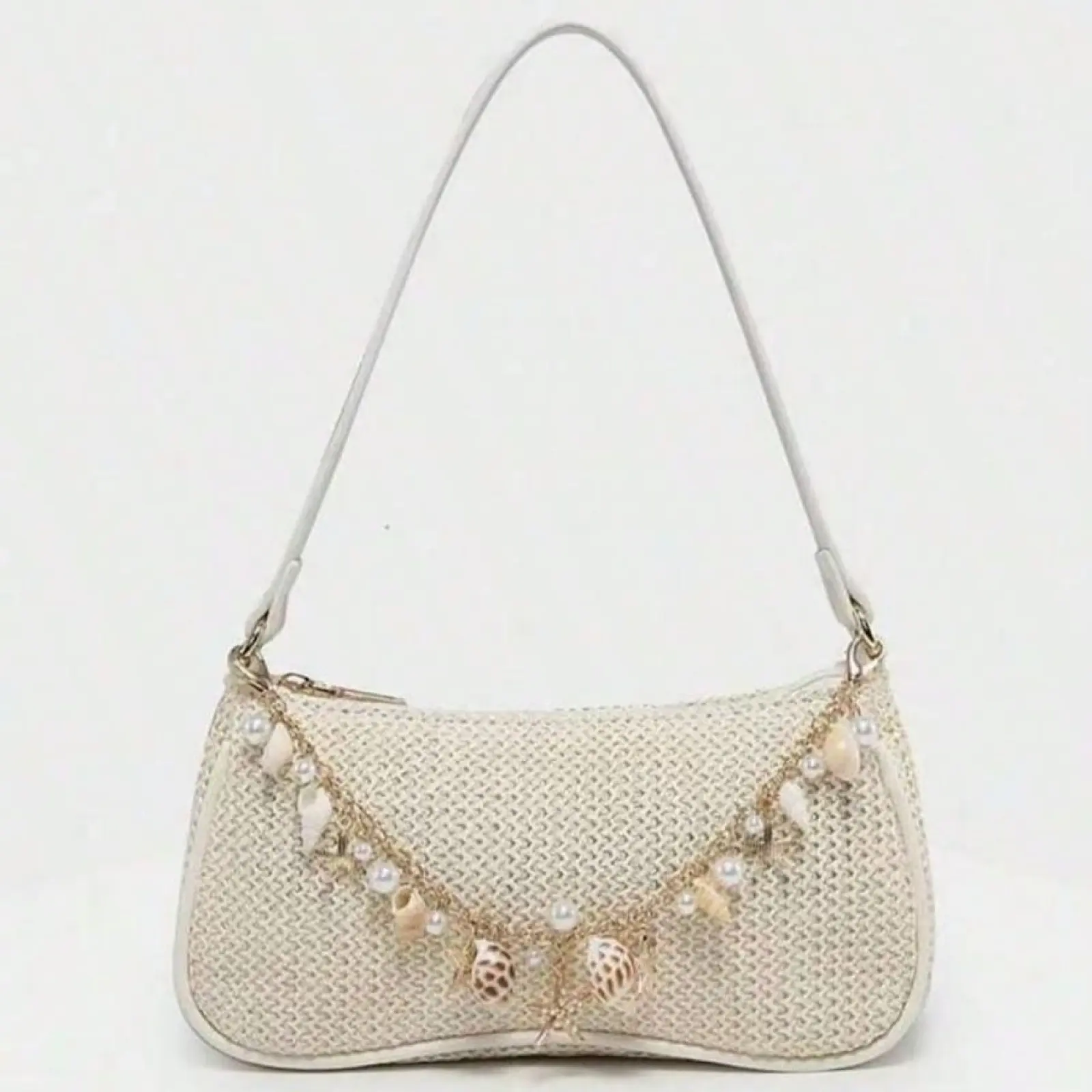 Woven Minimalist Style Shell & Starfish Decor Zipper Closure Shoulder  Hobo Everyday Bag, Purse Accessories Suitable for Daily and Holiday Use, Summer Beach Vibe (Natural Shell Accessories May Have Slight Damages During Shipping)